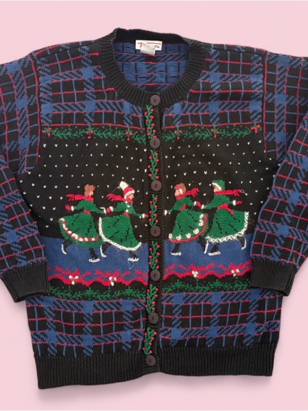 Vintage 90s Talbots Christmas Cardigan Sweater Ice Skaters Plaid Ramie Cotton M